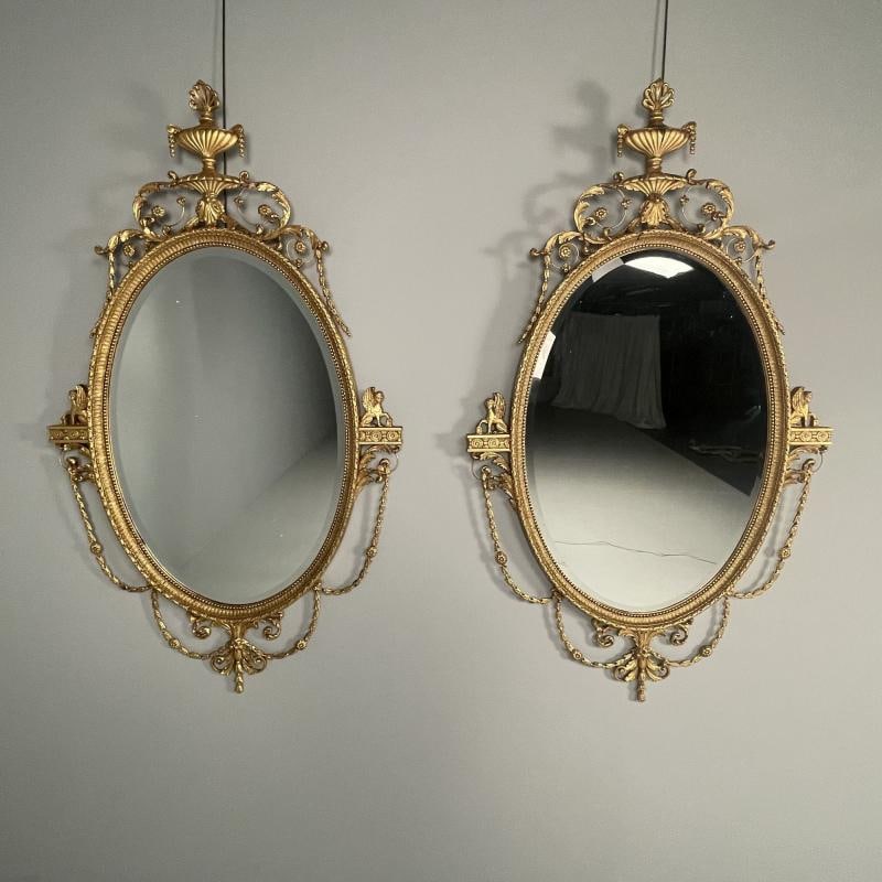 Pair of English Regency Style Gilt Wood Oval Mirror, Wall, Console, Over Mantle - 2