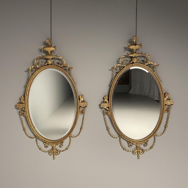 Pair of English Regency Style Gilt Wood Oval Mirror, Wall, Console, Over Mantle - 3