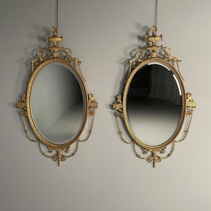 Pair of English Regency Style Gilt Wood Oval Mirror, Wall, Console, Over Mantle - 4