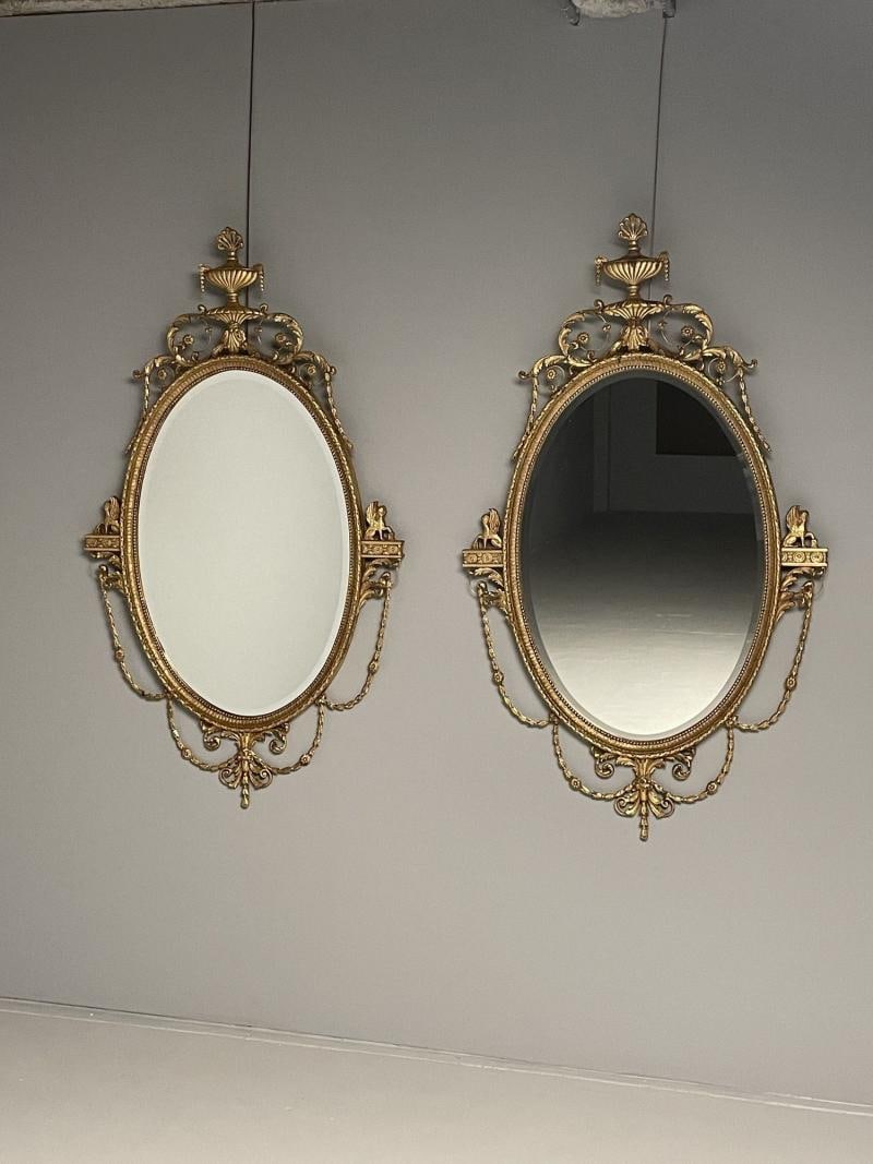Pair of English Regency Style Gilt Wood Oval Mirror, Wall, Console, Over Mantle - 5