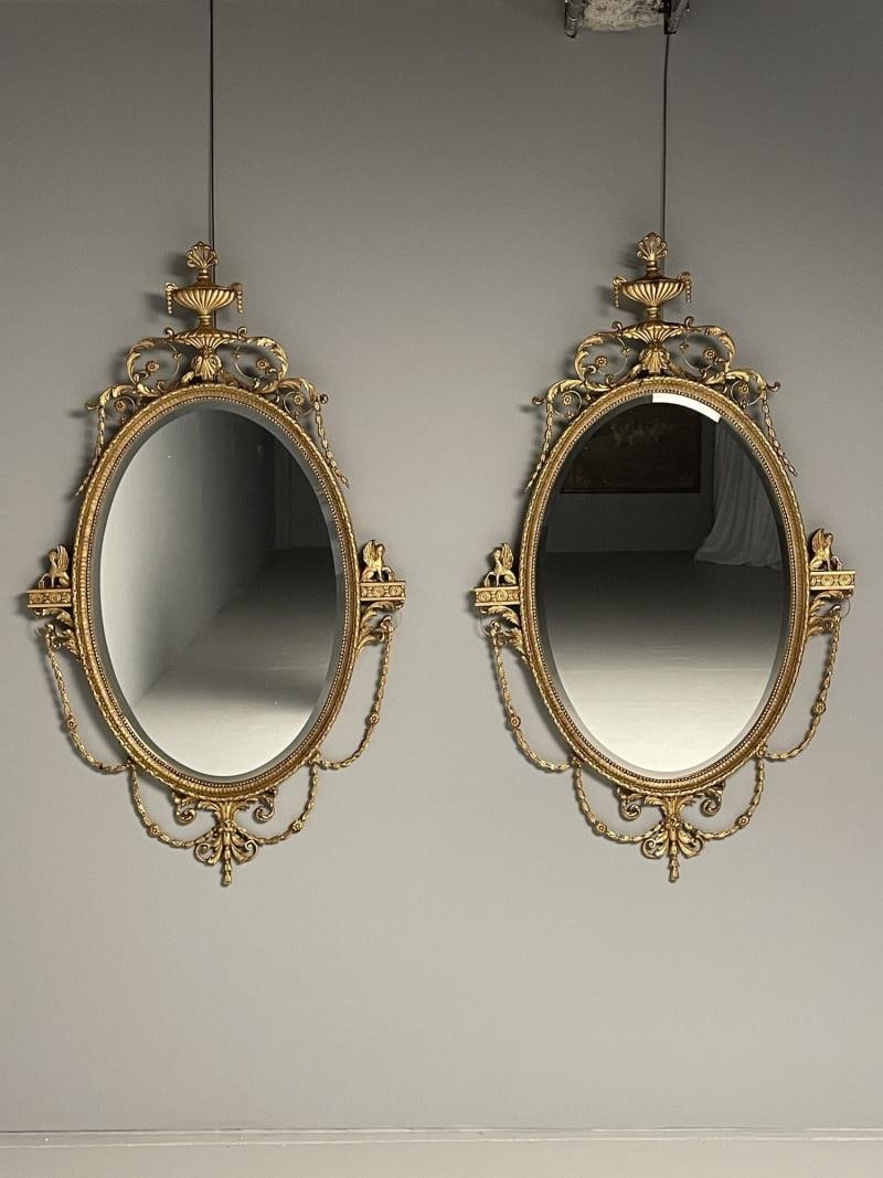 Pair of English Regency Style Gilt Wood Oval Mirror, Wall, Console, Over Mantle - 6