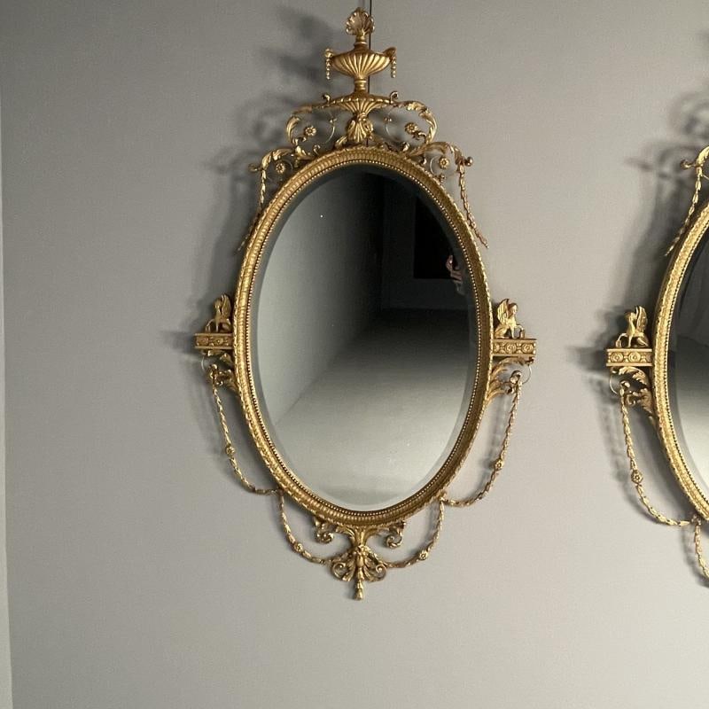 Pair of English Regency Style Gilt Wood Oval Mirror, Wall, Console, Over Mantle - 7