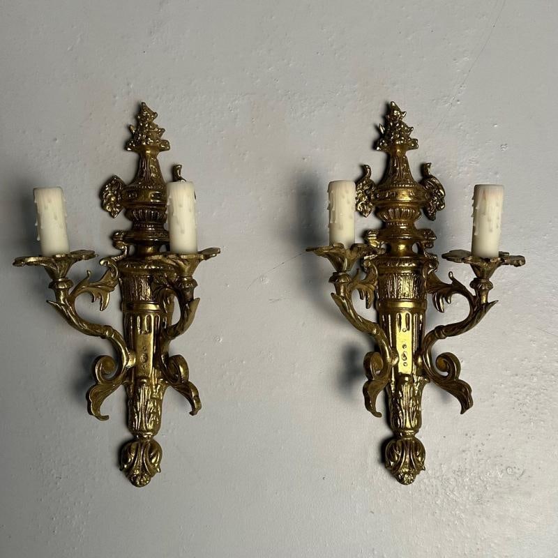 Pair of Louis XVI / Adams Style Bronze Ornate Sconces, Two Light, France, 1940s - 2