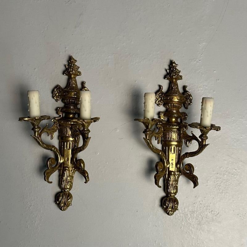 Pair of Louis XVI / Adams Style Bronze Ornate Sconces, Two Light, France, 1940s - 6