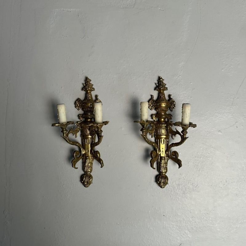Pair of Louis XVI / Adams Style Bronze Ornate Sconces, Two Light, France, 1940s - 7