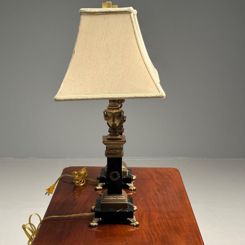 Pair of Hollywood Regency Bronze and Marble Table Lamps, Corinthian Column Form - 12