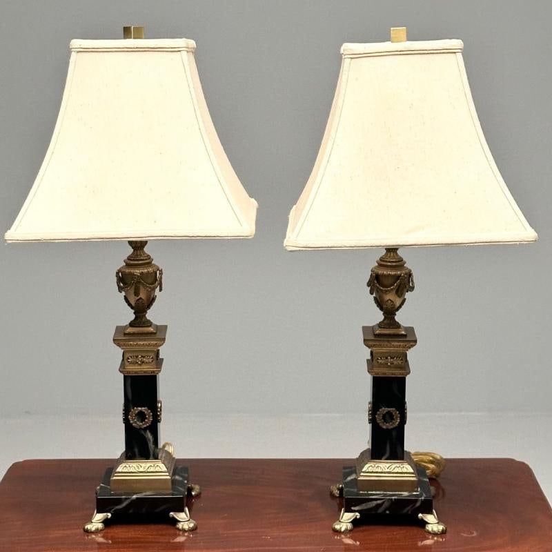 Pair of Hollywood Regency Bronze and Marble Table Lamps, Corinthian Column Form - 2