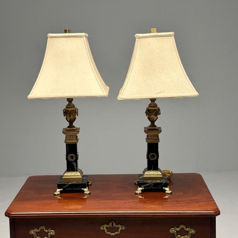Pair of Hollywood Regency Bronze and Marble Table Lamps, Corinthian Column Form - 6