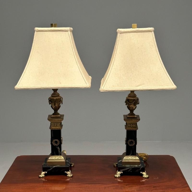 Pair of Hollywood Regency Bronze and Marble Table Lamps, Corinthian Column Form - 7