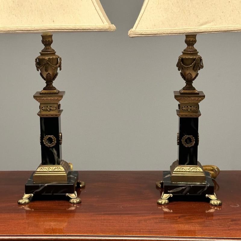 Pair of Hollywood Regency Bronze and Marble Table Lamps, Corinthian Column Form - 8