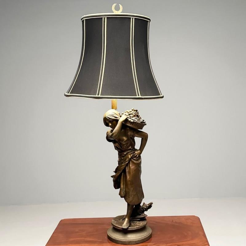 Metal Statue of a Woman Fruit Bearer, Mounted as Lamp, French, 1930s - 2
