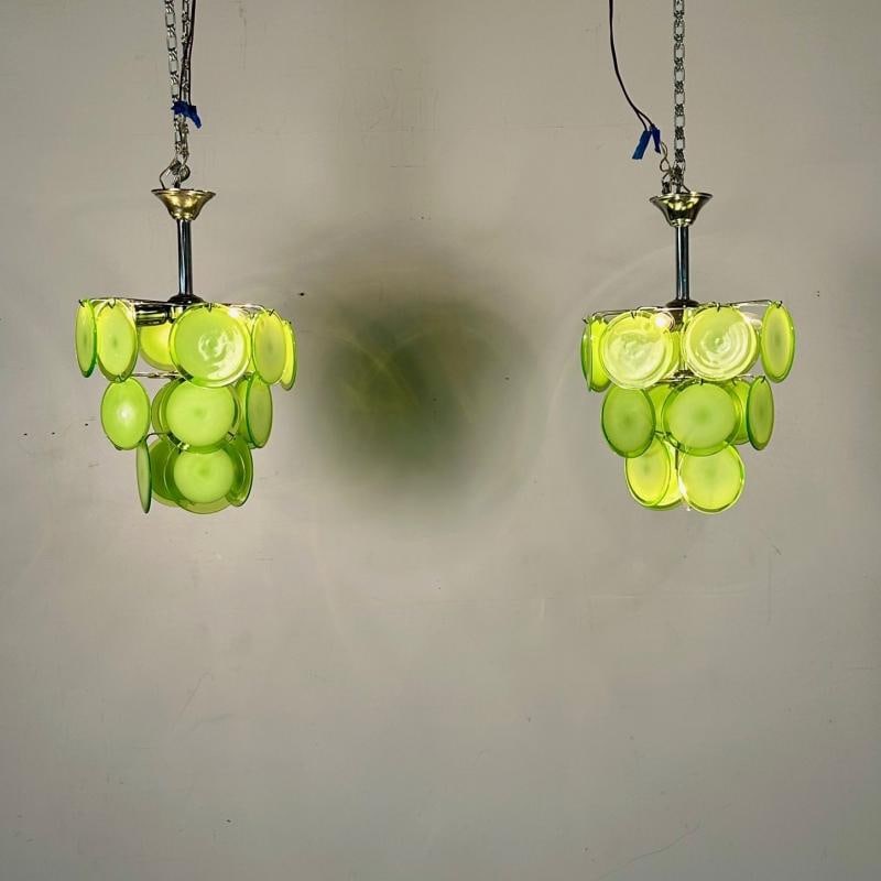Pair of Mid-Century Modern Style Small Green Murano Glass Disk Chandeliers - 10
