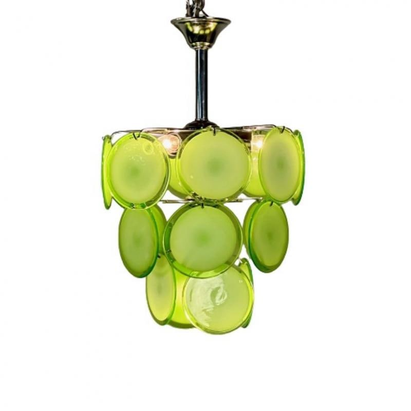 Pair of Mid-Century Modern Style Small Green Murano Glass Disk Chandeliers - 2