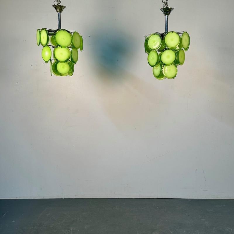 Pair of Mid-Century Modern Style Small Green Murano Glass Disk Chandeliers - 3