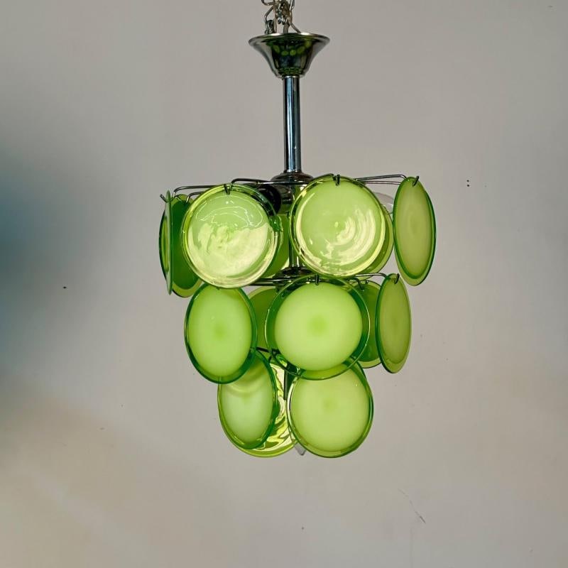 Pair of Mid-Century Modern Style Small Green Murano Glass Disk Chandeliers - 4
