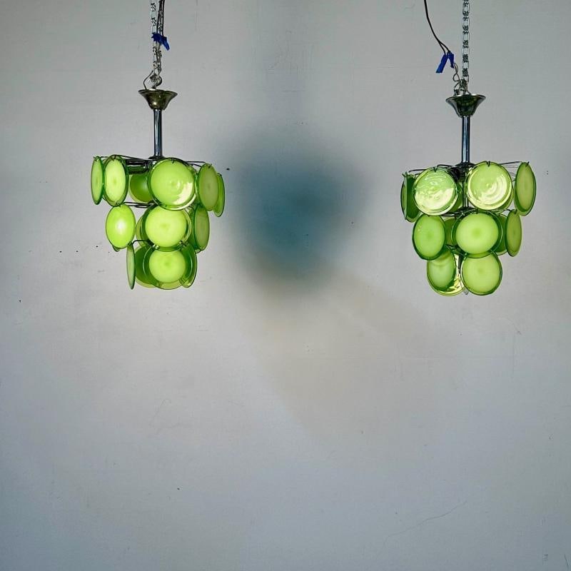Pair of Mid-Century Modern Style Small Green Murano Glass Disk Chandeliers - 5