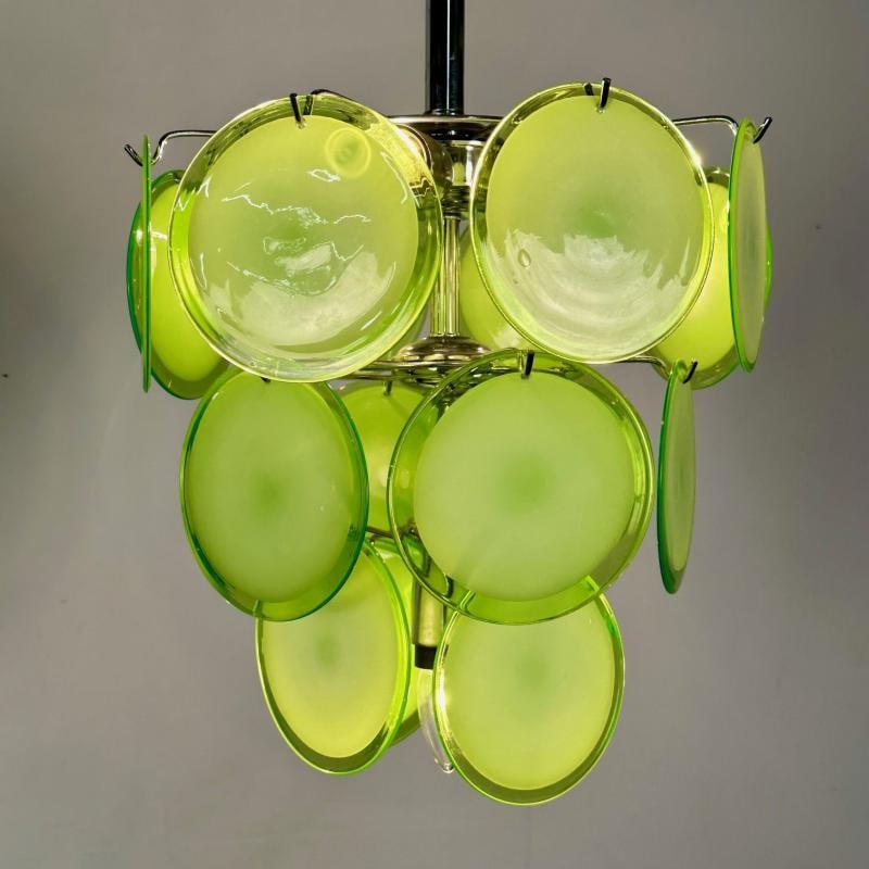 Pair of Mid-Century Modern Style Small Green Murano Glass Disk Chandeliers - 6