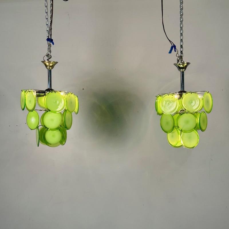 Pair of Mid-Century Modern Style Small Green Murano Glass Disk Chandeliers - 7