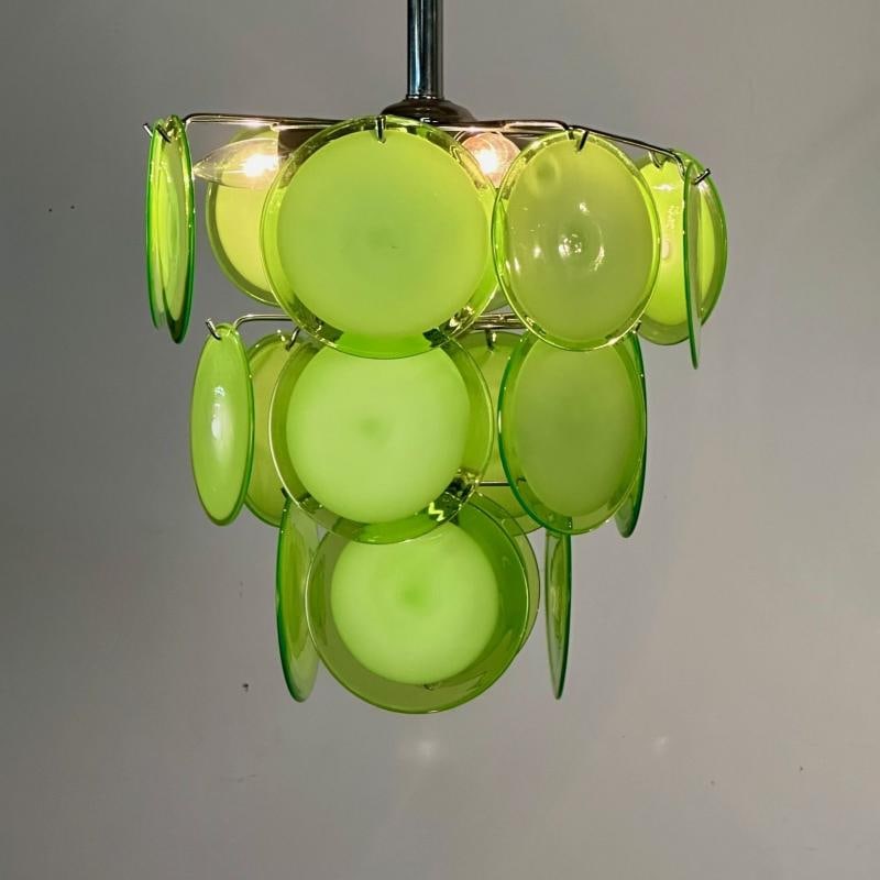 Pair of Mid-Century Modern Style Small Green Murano Glass Disk Chandeliers - 8