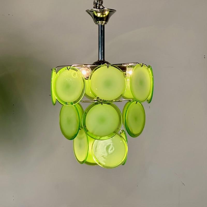 Pair of Mid-Century Modern Style Small Green Murano Glass Disk Chandeliers - 9