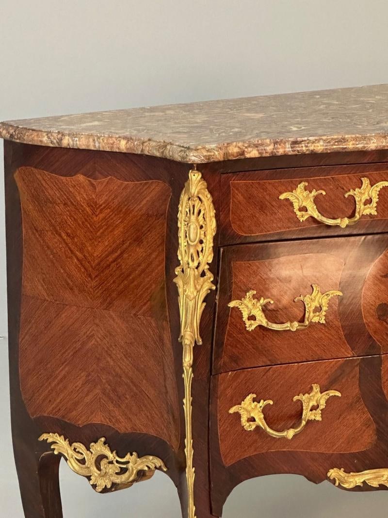 19th Century French Bombe Louis XV Style Marble Top Commode with Floral Inlays - 10