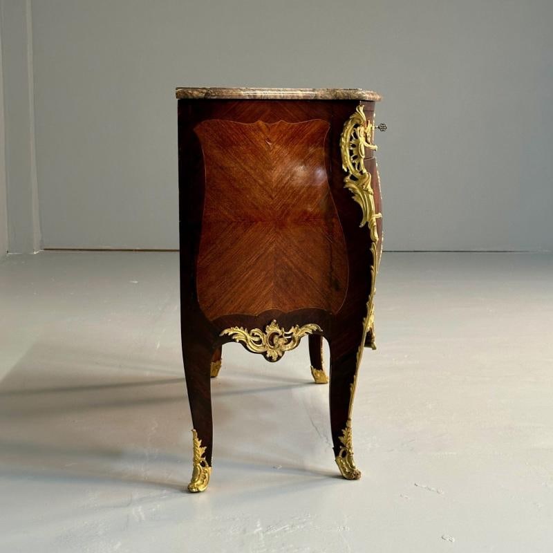 19th Century French Bombe Louis XV Style Marble Top Commode with Floral Inlays - 11