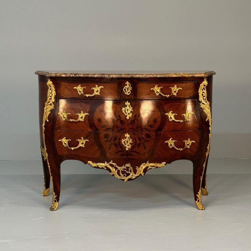 19th Century French Bombe Louis XV Style Marble Top Commode with Floral Inlays - 2