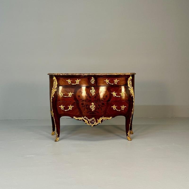 19th Century French Bombe Louis XV Style Marble Top Commode with Floral Inlays - 5