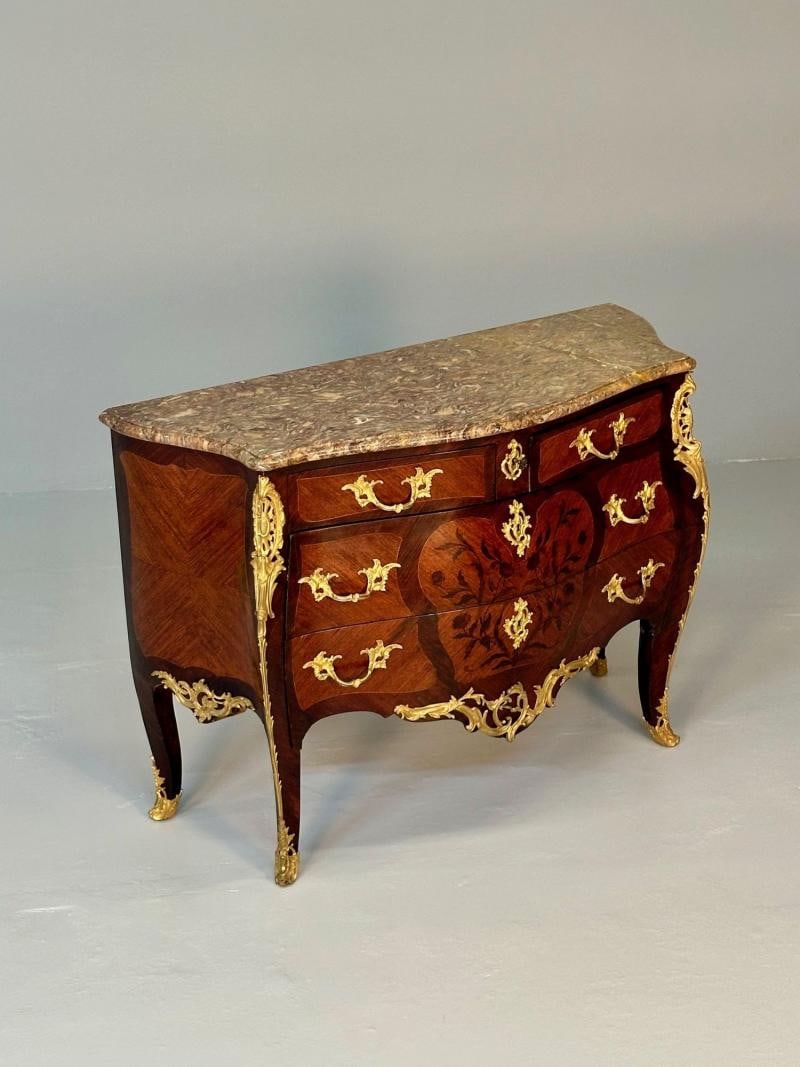 19th Century French Bombe Louis XV Style Marble Top Commode with Floral Inlays - 7