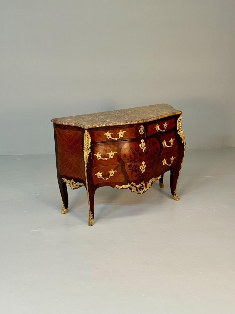 19th Century French Bombe Louis XV Style Marble Top Commode with Floral Inlays - 8