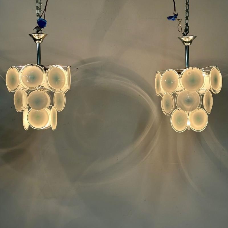 Mid-Century Modern Style Small White Murano Glass Disk Chandeliers / Pendants - 3
