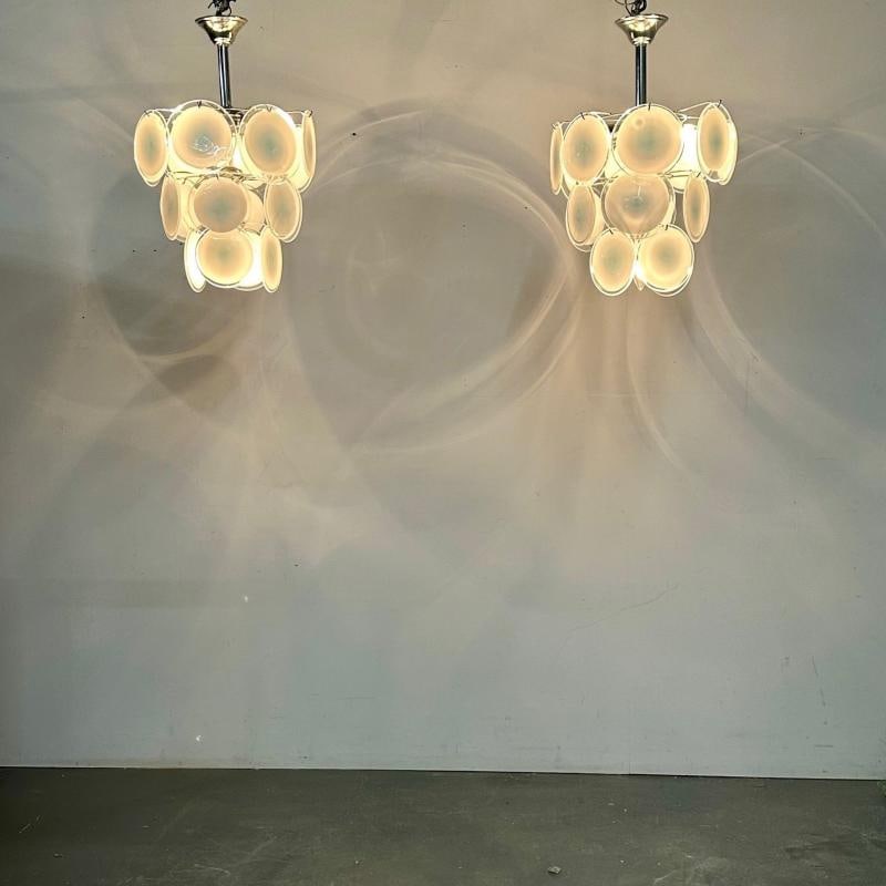Mid-Century Modern Style Small White Murano Glass Disk Chandeliers / Pendants - 4