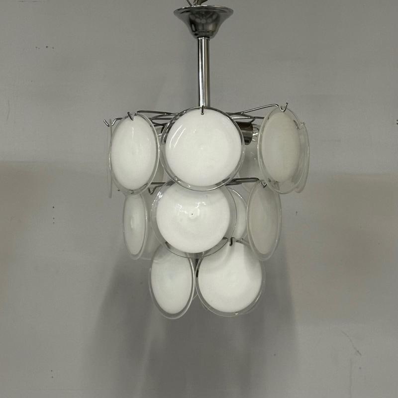 Mid-Century Modern Style Small White Murano Glass Disk Chandeliers / Pendants - 8