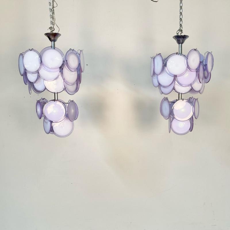 Pair of Mid-Century Modern Style Purple Murano Glass Disk Chandeliers - 2