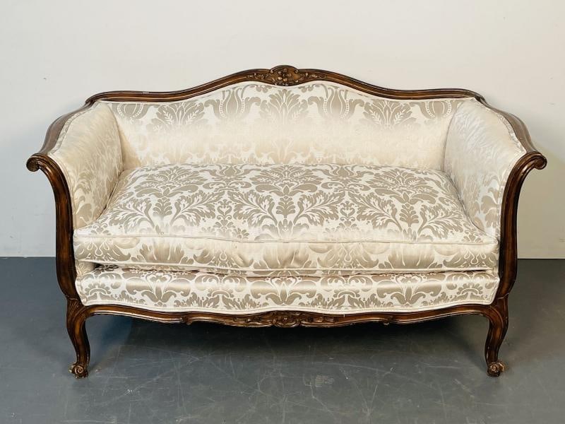 Small Louis XV Mahogany Carved Settee / Sofa, Floral Silk Upholstery - 2