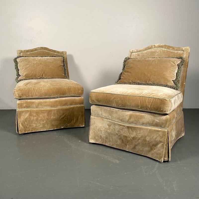 Pair of Louis XVI Style Mohair Slipper or Lounge Chairs, Traditional, Velvet - 7