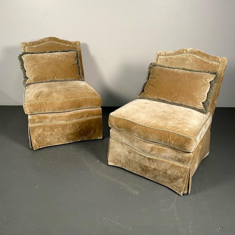 Pair of Louis XVI Style Mohair Slipper or Lounge Chairs, Traditional, Velvet - 8