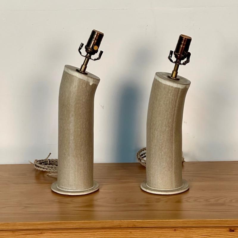 Pair Contemporary Stoneware Beige Glazed Ceramic Table / Desk Lamps, Parchment - 4
