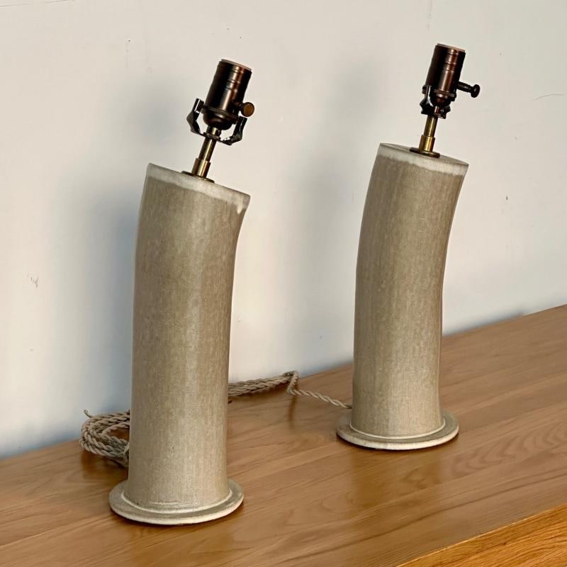 Pair Contemporary Stoneware Beige Glazed Ceramic Table / Desk Lamps, Parchment - 7