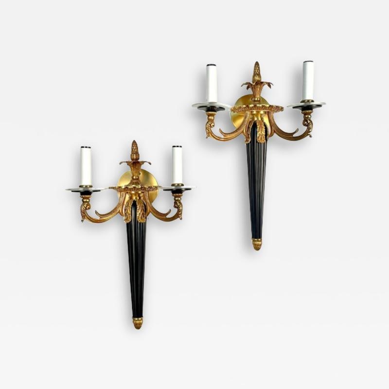 Pair Louis XVI Style French Sconces / Wall Lights, Ebony, Bronze, Maison Bagues: Title: Pair Louis XVI Style French Sconces / Wall Lights, Ebony, Bronze, Maison Bagues Description: Pair of Louis XVI Style French Sconces, Ebony and Bronze, Two Light, Electrified in the Manner of Ma