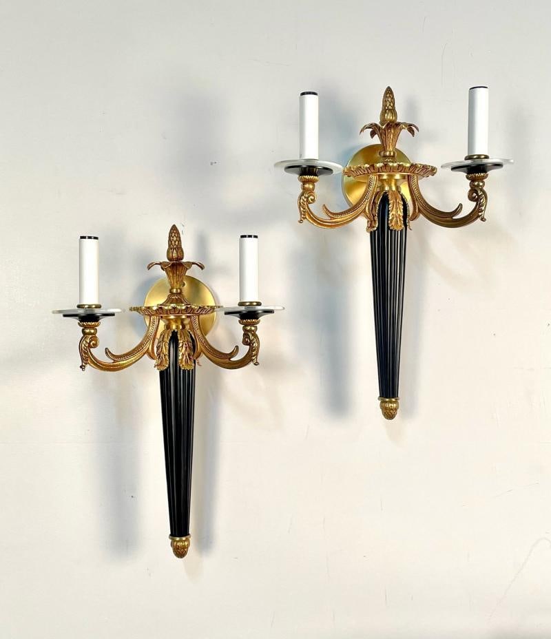 Pair Louis XVI Style French Sconces / Wall Lights, Ebony, Bronze, Maison Bagues - 2