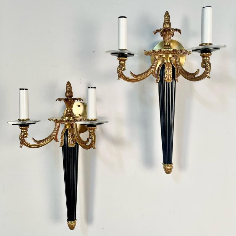 Pair Louis XVI Style French Sconces / Wall Lights, Ebony, Bronze, Maison Bagues - 4