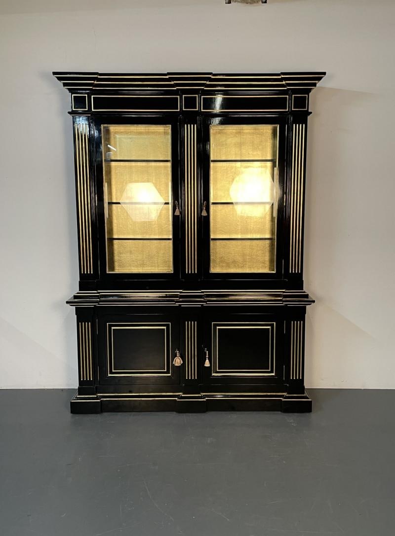 Hollywood Regency Maison Jansen Style Bookcase / Cabinet, Ebony, Gold Leaf - 6