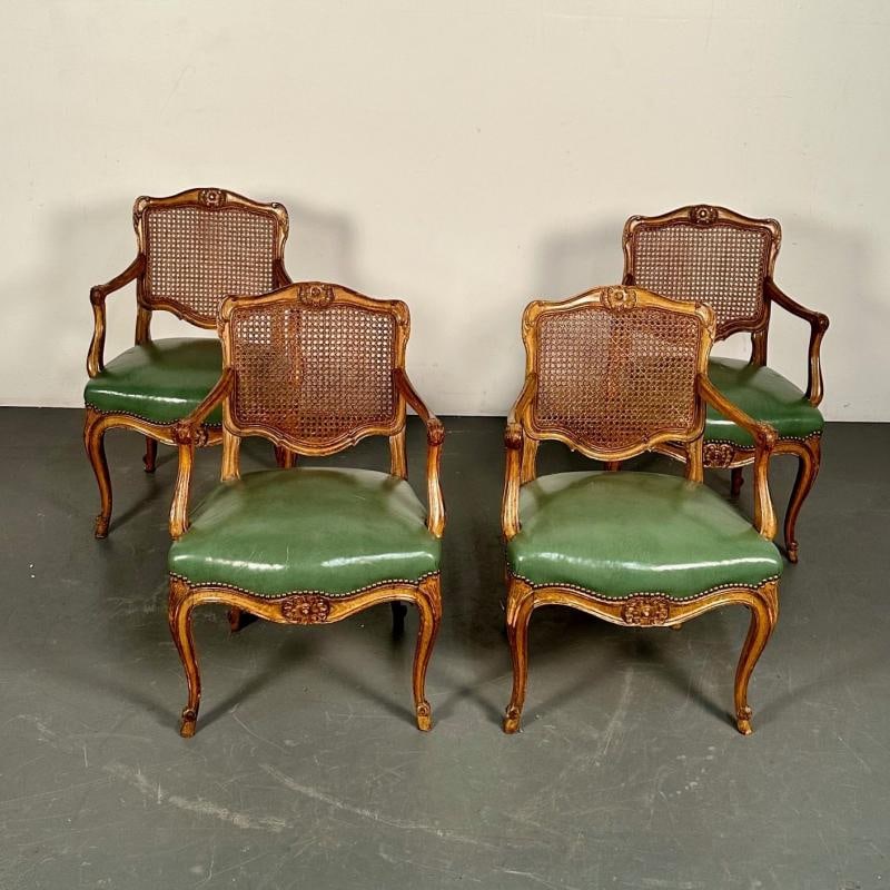 Four French Louis XV Style Fauteuils / Office Chairs, Cane and Leather - 4