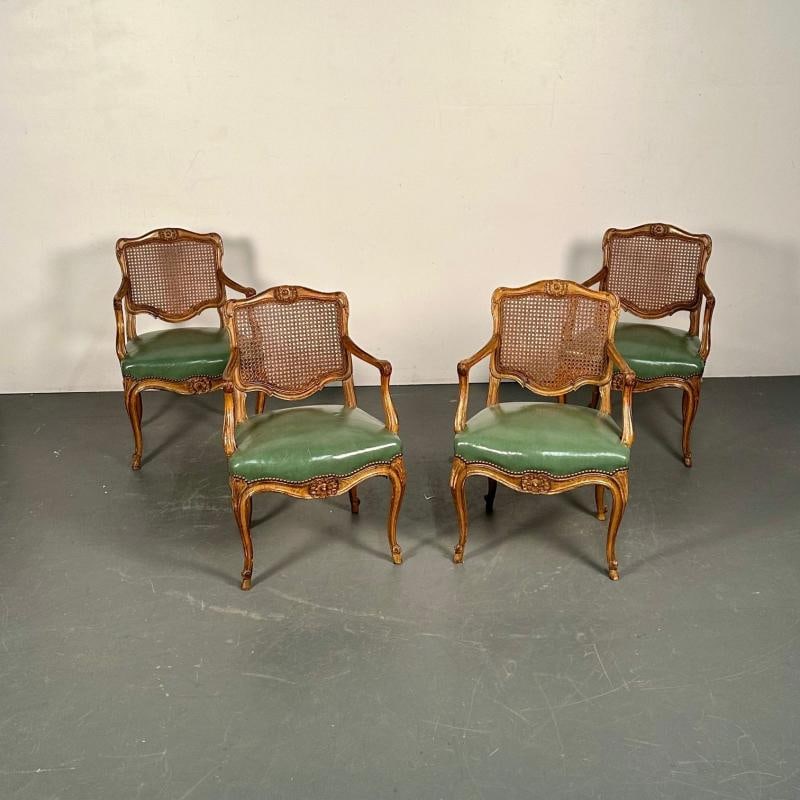 Four French Louis XV Style Fauteuils / Office Chairs, Cane and Leather - 6