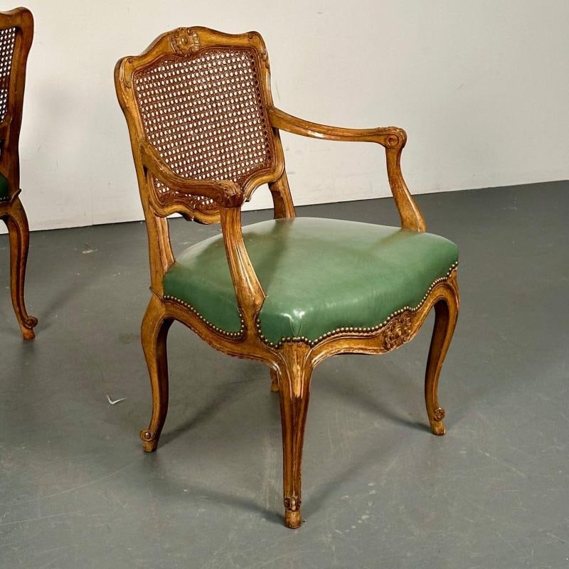 Four French Louis XV Style Fauteuils / Office Chairs, Cane and Leather - 8