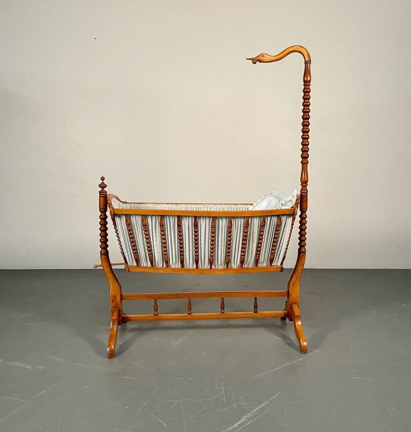 French Spindled 19th Century Walnut Decorative Cradle, Swan Motif - 6