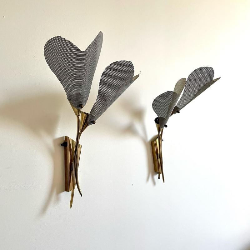Pair of Italian Mid-Century Modern Sculptural Flower Sconces, Brass, 1940s - 6