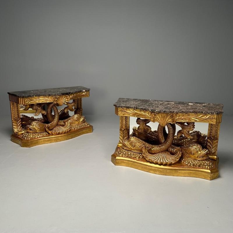 Pair of French Wood Carved Dolphin Console Tables, Pier Tables, Giltwood - 10