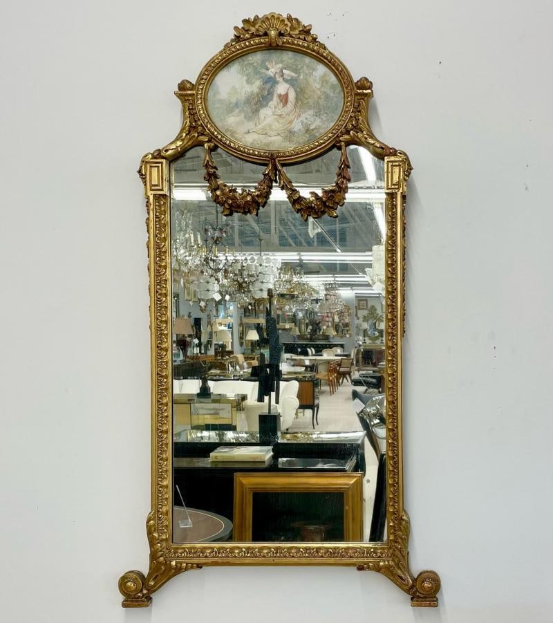 French Neoclassical Style Giltwood Wall / Console Mirror with Oval Artwork - 2